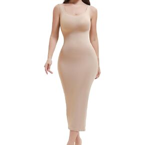 Shapewear Full Slip for Under Dresses, Tummy Control Slip Dress for Women, Square Neck Long Dress, Nude, Large