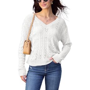 CUPSHE Women's V-Neck Long Sleeve Knit Sweater Dropped Shoulders Pullover with Ribbed Trim