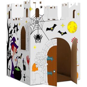 Halloween Playhouse Huge DIY Haunted Castle Large Coloring Cardboard House Indoor Outdoor Art and Craft for Kids Toddlers Boys Girls Decorate and Personalize Witch Pumpkin Zombie Gift 32" X 32" X 43"