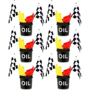 48 Pcs Race Car Party Decorations 6 Sets Racing Table Centerpieces Including 12 Checkered Flags 6 Plastic Drums 6 Oil Stickers 24 Tissue Papers for Race Car Themed Birthday Party Supplies