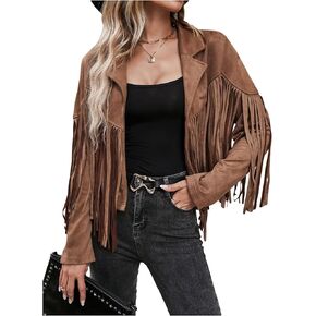 MakeMeChic Women's Faux Suede Tassel Cowgirl Motorcycle Coats Western Fringe Jackets 70s Hippie Costume