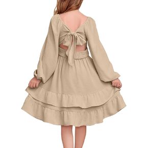 blibean Girls 2024 Fall Dresses Tween Long Sleeve Tie Back Dress Size 6-15 Years