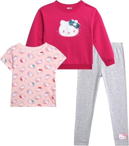 طقم سراويل ضيقة للفتيات من Hello Kitty - سويت شيرت بياقة دائرية مكون من 3 قطع، تي شيرت برسومات، سراويل واسعة - مجموعة متطابقة للفتيات (2T-12) in Kuwait