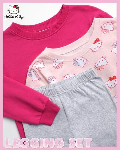 طقم سراويل ضيقة للفتيات من Hello Kitty - سويت شيرت بياقة دائرية مكون من 3 قطع، تي شيرت برسومات، سراويل واسعة - مجموعة متطابقة للفتيات (2T-12) in Kuwait