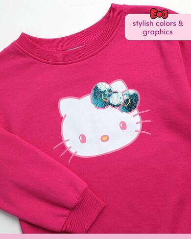 طقم سراويل ضيقة للفتيات من Hello Kitty - سويت شيرت بياقة دائرية مكون من 3 قطع، تي شيرت برسومات، سراويل واسعة - مجموعة متطابقة للفتيات (2T-12) in Kuwait
