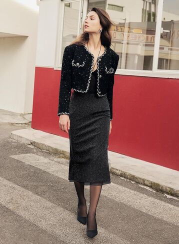 MIHOLL Women's Sequin Skirt Midi Length Stretchy Waist Office Night Out Cocktail Party Sparkly Pencil Skirts in Saudi Arabia