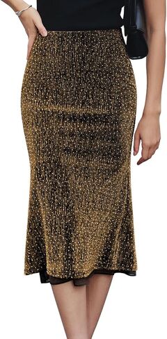 MIHOLL Women's Sequin Skirt Midi Length Stretchy Waist Office Night Out Cocktail Party Sparkly Pencil Skirts in Saudi Arabia