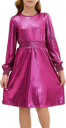 Girls Metallic Dress Sparkle Shiny Long Sleeve Ruffle Dresses Kids Party Clothes in Saudi Arabia