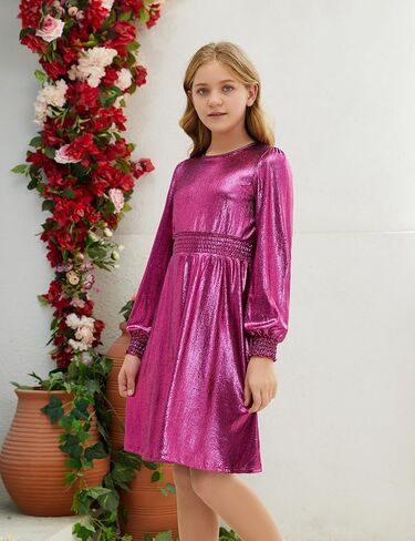 Girls Metallic Dress Sparkle Shiny Long Sleeve Ruffle Dresses Kids Party Clothes in Saudi Arabia