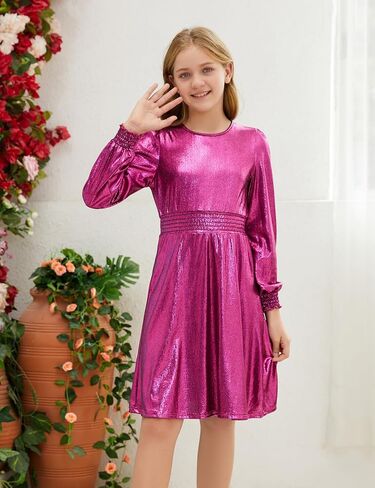 Girls Metallic Dress Sparkle Shiny Long Sleeve Ruffle Dresses Kids Party Clothes in Saudi Arabia