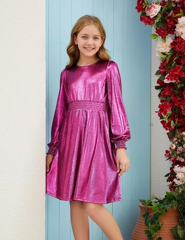 Girls Metallic Dress Sparkle Shiny Long Sleeve Ruffle Dresses Kids Party Clothes in Saudi Arabia