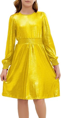 Girls Metallic Dress Sparkle Shiny Long Sleeve Ruffle Dresses Kids Party Clothes in Saudi Arabia