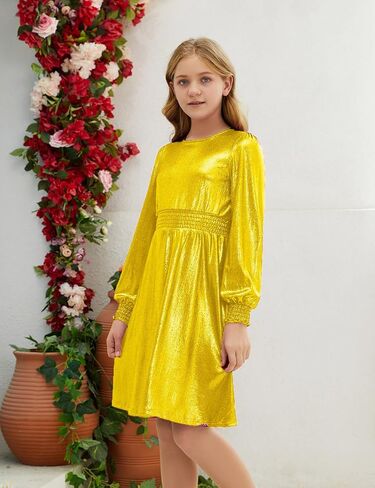 Girls Metallic Dress Sparkle Shiny Long Sleeve Ruffle Dresses Kids Party Clothes in Saudi Arabia