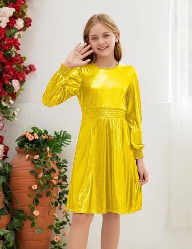Girls Metallic Dress Sparkle Shiny Long Sleeve Ruffle Dresses Kids Party Clothes in Saudi Arabia