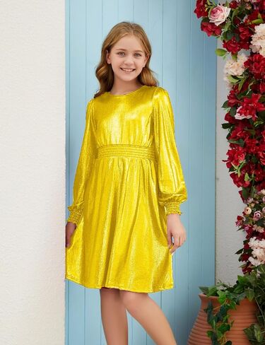 Girls Metallic Dress Sparkle Shiny Long Sleeve Ruffle Dresses Kids Party Clothes in Saudi Arabia