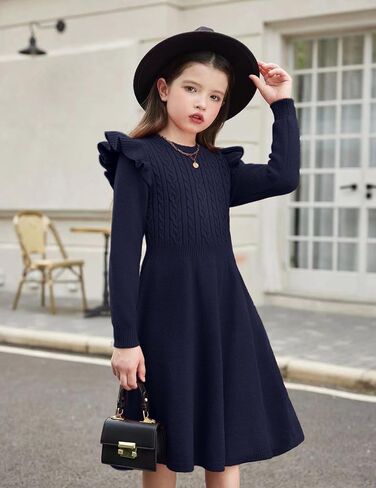 Arshiner Girls Sweater Dress Fall Winter Lantern Long Sleeve Cable Knit Pullover Midi Dresses in Kuwait