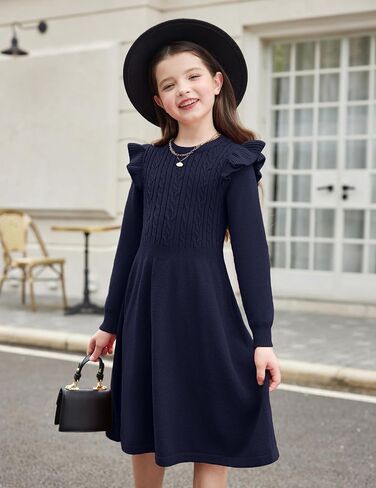 Arshiner Girls Sweater Dress Fall Winter Lantern Long Sleeve Cable Knit Pullover Midi Dresses in Kuwait