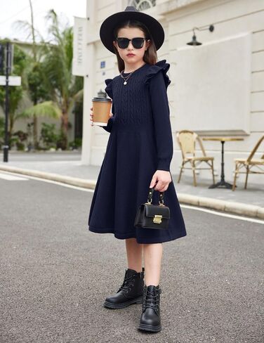 Arshiner Girls Sweater Dress Fall Winter Lantern Long Sleeve Cable Knit Pullover Midi Dresses in Kuwait