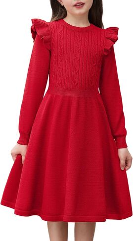 Arshiner Girls Sweater Dress Fall Winter Lantern Long Sleeve Cable Knit Pullover Midi Dresses in Kuwait