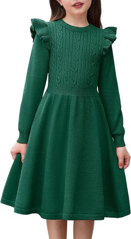 Arshiner Girls Sweater Dress Fall Winter Lantern Long Sleeve Cable Knit Pullover Midi Dresses in Kuwait
