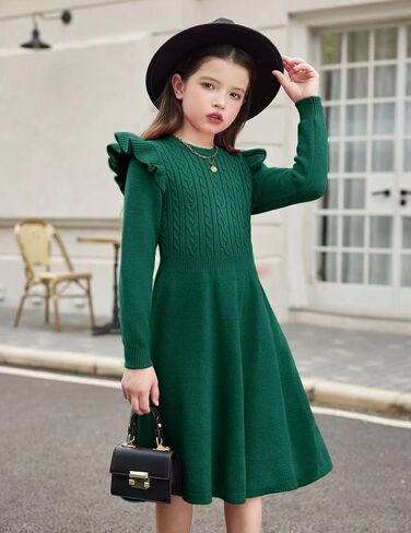 Arshiner Girls Sweater Dress Fall Winter Lantern Long Sleeve Cable Knit Pullover Midi Dresses in Kuwait