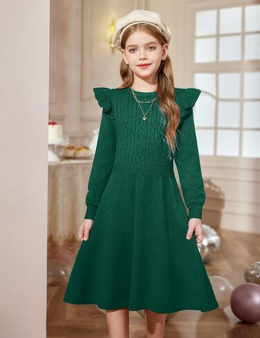 Arshiner Girls Sweater Dress Fall Winter Lantern Long Sleeve Cable Knit Pullover Midi Dresses in Kuwait