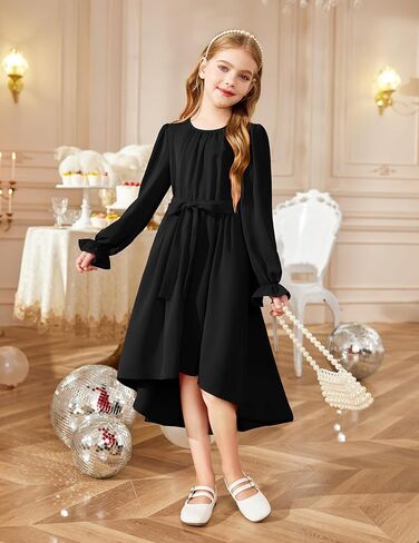 Arshiner Girls Long Sleeve Dress Fashion High Low Flowy Swing Semi Formal Party Dresses with Belt in Saudi Arabia