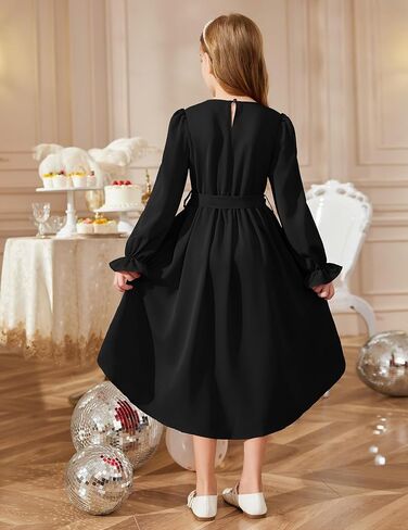 Arshiner Girls Long Sleeve Dress Fashion High Low Flowy Swing Semi Formal Party Dresses with Belt in Saudi Arabia