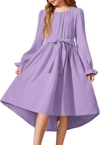 Arshiner Girls Long Sleeve Dress Fashion High Low Flowy Swing Semi Formal Party Dresses with Belt in Saudi Arabia
