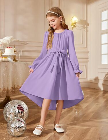 Arshiner Girls Long Sleeve Dress Fashion High Low Flowy Swing Semi Formal Party Dresses with Belt in Saudi Arabia