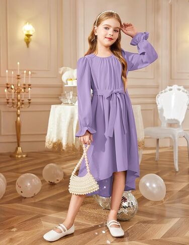 Arshiner Girls Long Sleeve Dress Fashion High Low Flowy Swing Semi Formal Party Dresses with Belt in Saudi Arabia