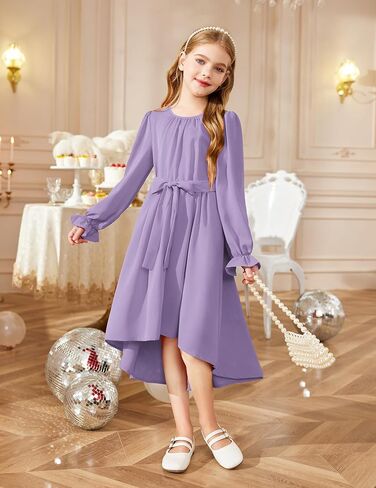 Arshiner Girls Long Sleeve Dress Fashion High Low Flowy Swing Semi Formal Party Dresses with Belt in Saudi Arabia