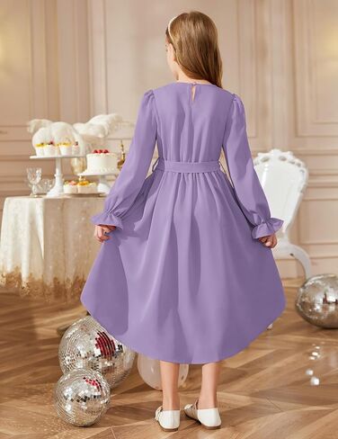 Arshiner Girls Long Sleeve Dress Fashion High Low Flowy Swing Semi Formal Party Dresses with Belt in Saudi Arabia