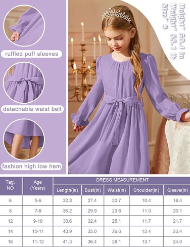 Arshiner Girls Long Sleeve Dress Fashion High Low Flowy Swing Semi Formal Party Dresses with Belt in Saudi Arabia