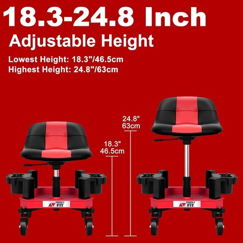 Rolling Stool with Wheels, Adjustable Shop Stool Mechanic Stool Seat Garage Shop Roller Work Chair Mobile Rolling Seat with Tool Tray, 2 Cup Holders, 4" Casters, 350 LBS, Heavy-Duty, Red in Saudi Arabia