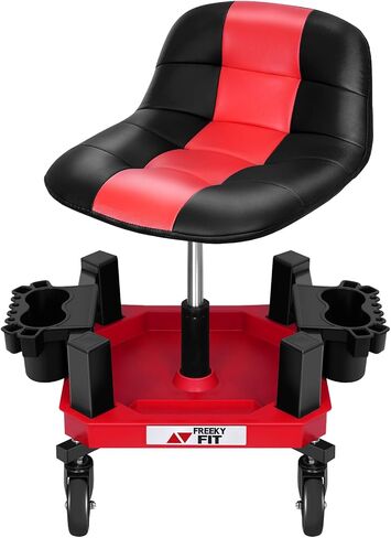 Rolling Stool with Wheels, Adjustable Shop Stool Mechanic Stool Seat Garage Shop Roller Work Chair Mobile Rolling Seat with Tool Tray, 2 Cup Holders, 4" Casters, 350 LBS, Heavy-Duty, Red in Saudi Arabia