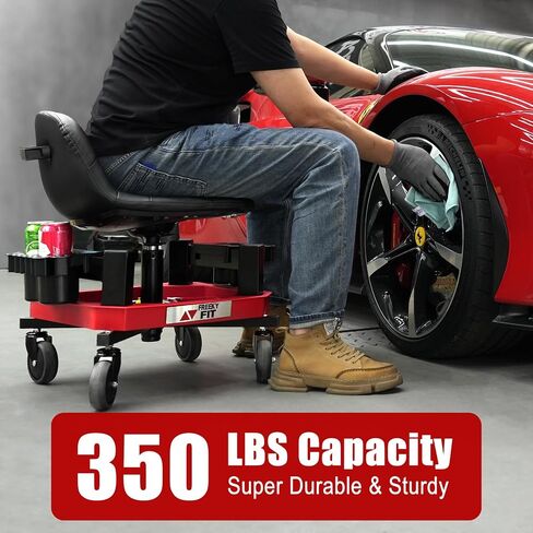 Rolling Stool with Wheels, Adjustable Shop Stool Mechanic Stool Seat Garage Shop Roller Work Chair Mobile Rolling Seat with Tool Tray, 2 Cup Holders, 4" Casters, 350 LBS, Heavy-Duty, Red in Saudi Arabia