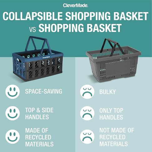 CleverMade Collapsible Shopping Basket, Stone, 3PK - 24L (6 Gal) Reusable Plastic Grocery Shopping Baskets, Holds 25lbs Per Basket - Small Foldable Storage Crates with Handles in Saudi Arabia