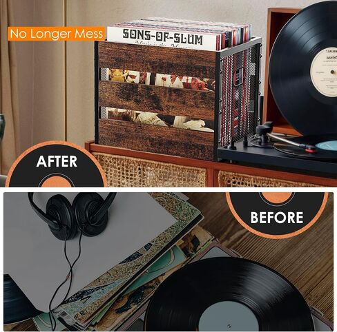 DOLALIKE Vinyl Record Storage, Vintage Wood Album Record Holder with Dividers Storage 100+ Records, Vinyl Record Box Case Crate for Book, Magazine, Organizer (Classic Cube) in Saudi Arabia