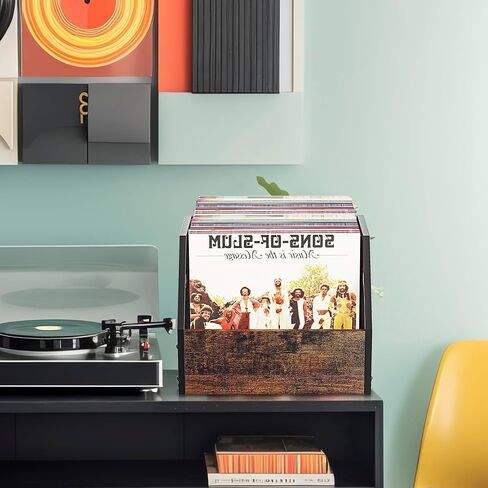 DOLALIKE Vinyl Record Storage, Vintage Wood Album Record Holder with Dividers Storage 100+ Records, Vinyl Record Box Case Crate for Book, Magazine, Organizer (Classic Cube) in Saudi Arabia