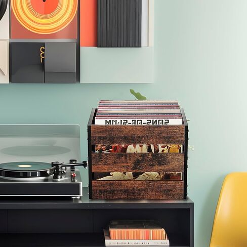 DOLALIKE Vinyl Record Storage, Vintage Wood Album Record Holder with Dividers Storage 100+ Records, Vinyl Record Box Case Crate for Book, Magazine, Organizer (Classic Cube) in Saudi Arabia