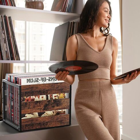 DOLALIKE Vinyl Record Storage, Vintage Wood Album Record Holder with Dividers Storage 100+ Records, Vinyl Record Box Case Crate for Book, Magazine, Organizer (Classic Cube) in Saudi Arabia