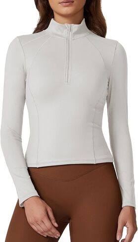 QINSEN Womens Half Zip Long Sleeve Shirts Double Lined Workout Tees Fitted Athletic Crop Tops in Saudi Arabia