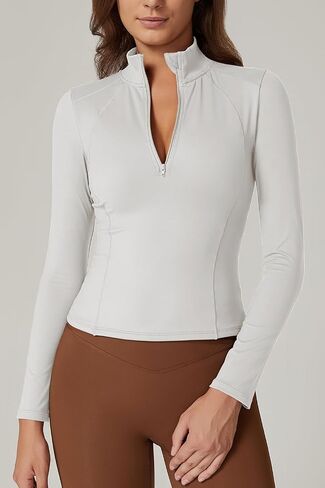 QINSEN Womens Half Zip Long Sleeve Shirts Double Lined Workout Tees Fitted Athletic Crop Tops in Saudi Arabia
