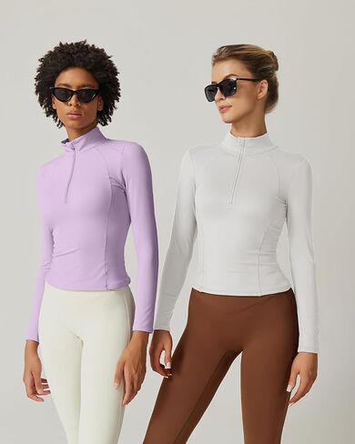 QINSEN Womens Half Zip Long Sleeve Shirts Double Lined Workout Tees Fitted Athletic Crop Tops in Saudi Arabia