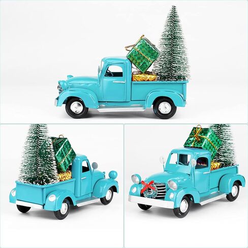 AerWo عيد الميلاد الأزرق شاحنة ديكور، شاحنة معدنية خمر، ترقية نموذج سيارة شاحنة بيك اب معدنية قديمة لديكورات عيد الميلاد ديكور سطح الطاولة in Kuwait