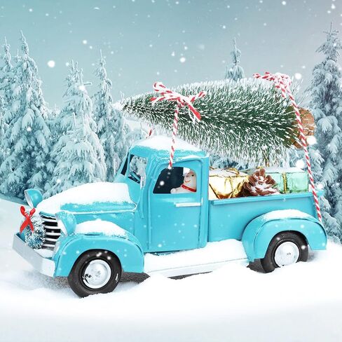 AerWo عيد الميلاد الأزرق شاحنة ديكور، شاحنة معدنية خمر، ترقية نموذج سيارة شاحنة بيك اب معدنية قديمة لديكورات عيد الميلاد ديكور سطح الطاولة in Kuwait