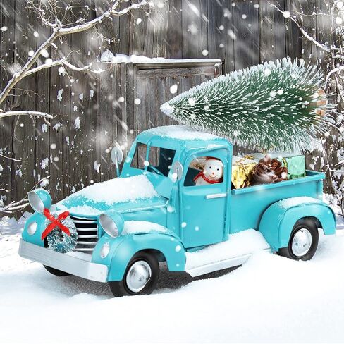 AerWo عيد الميلاد الأزرق شاحنة ديكور، شاحنة معدنية خمر، ترقية نموذج سيارة شاحنة بيك اب معدنية قديمة لديكورات عيد الميلاد ديكور سطح الطاولة in Kuwait