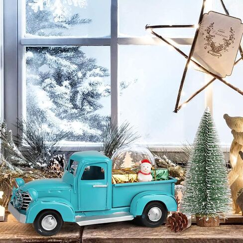 AerWo عيد الميلاد الأزرق شاحنة ديكور، شاحنة معدنية خمر، ترقية نموذج سيارة شاحنة بيك اب معدنية قديمة لديكورات عيد الميلاد ديكور سطح الطاولة in Kuwait