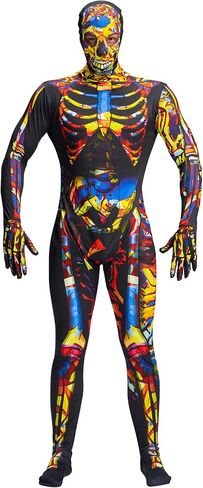 Men Skeleton Costume, Bones Jumpsuit with Hooded Mask Bodysuit for Adult Man Halloween Dress Up Role Play in Saudi Arabia